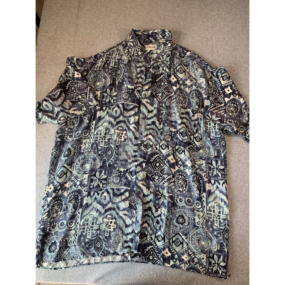 CEZAR Men’s XL 100% Silk Short Sleeve Blue/White Geometric Button-Up Shirt